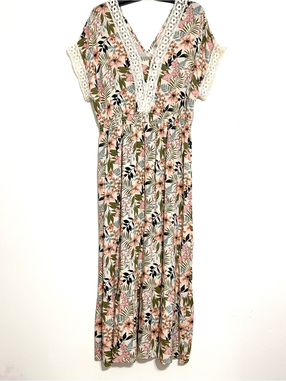Chenault maxi floral tropical dress pink beige Hawaiian beachwear summer EUC XL